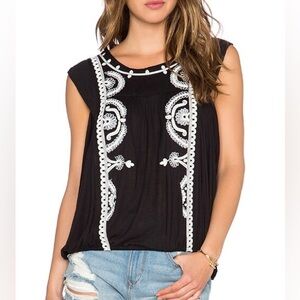 Free People Embroidered Black Top Minimalist Bohemian Work Wear Office Boho